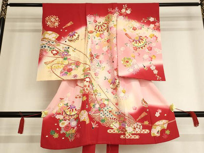 平和屋着物[]七五三　女の子　３歳　祝着　のしめ　刺繍　花手毬文　暈し染め　金糸　金彩　正絹　逸品　AAAW7070ja