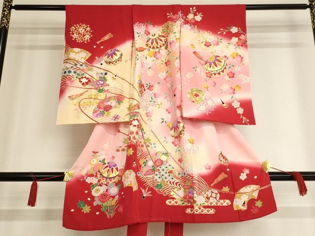 平和屋着物[]七五三　女の子　３歳　祝着　のしめ　刺繍　花手毬文　暈し染め　金糸　金彩　正絹　逸品　AAAW7070ja