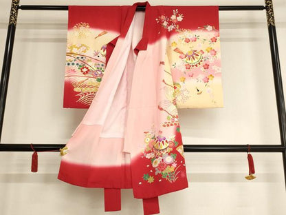 平和屋着物[]七五三　女の子　３歳　祝着　のしめ　刺繍　花手毬文　暈し染め　金糸　金彩　正絹　逸品　AAAW7070ja