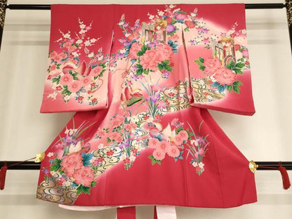 平和屋着物[]お宮参り　女の子　祝着　産着　初着　のしめ　御所車鴛鴦花文　暈し染め　金銀彩　逸品　AAAW7072ja