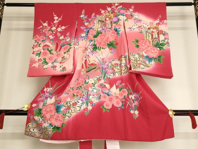平和屋着物[]お宮参り　女の子　祝着　産着　初着　のしめ　御所車鴛鴦花文　暈し染め　金銀彩　逸品　AAAW7072ja