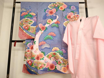 平和屋着物[]七五三　女の子　７歳　祝着　四つ身　長襦袢セット　花手毬文　暈し染め　金彩　未使用　AAAW7078ja