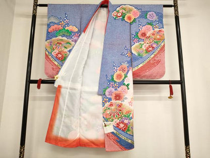 平和屋着物[]七五三　女の子　７歳　祝着　四つ身　長襦袢セット　花手毬文　暈し染め　金彩　未使用　AAAW7078ja