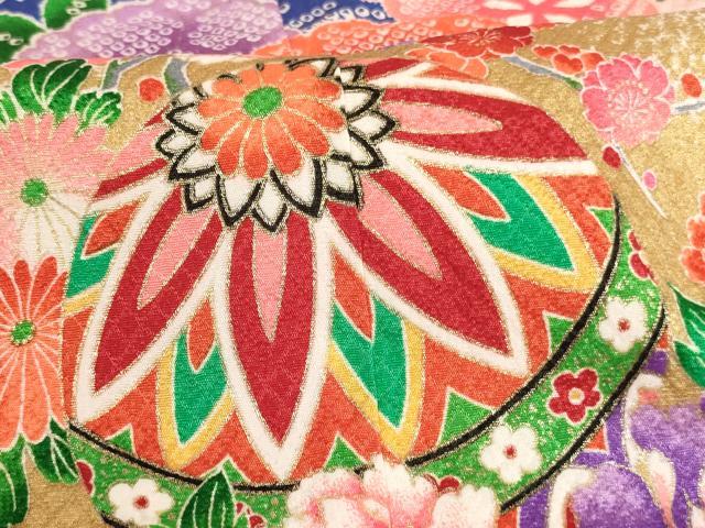 平和屋着物[]七五三　女の子　７歳　祝着　四つ身　長襦袢セット　花手毬文　暈し染め　金彩　未使用　AAAW7078ja