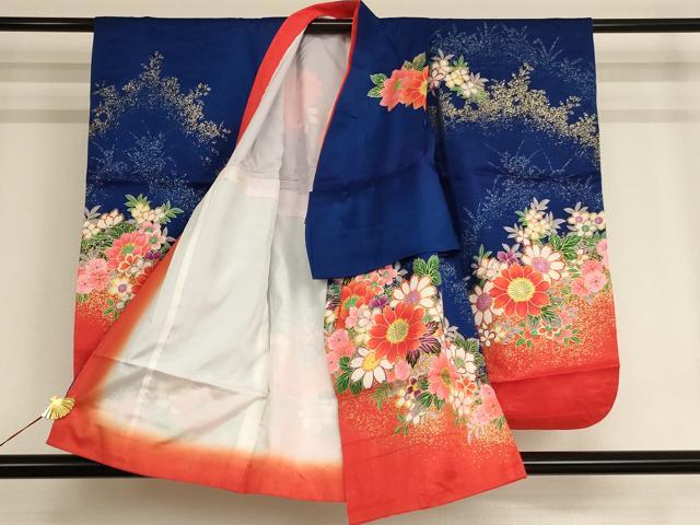 平和屋着物[]七五三　女の子　３歳　祝着　三つ身　長襦袢セット　草花文　暈し染め　金彩　洗える着物　AAAW7080ja