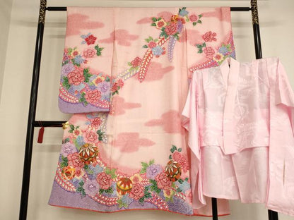 平和屋着物[]七五三　女の子　７歳　祝着　四つ身　長襦袢セット　駒刺繍　花手毬文　暈し染め　金彩　AAAW7082ja