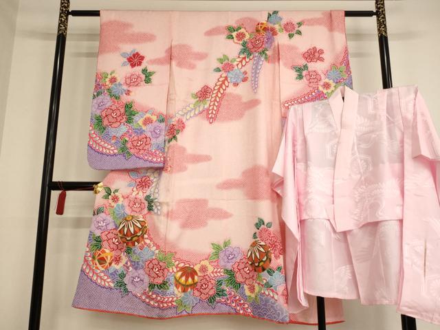 平和屋着物[]七五三　女の子　７歳　祝着　四つ身　長襦袢セット　駒刺繍　花手毬文　暈し染め　金彩　AAAW7082ja