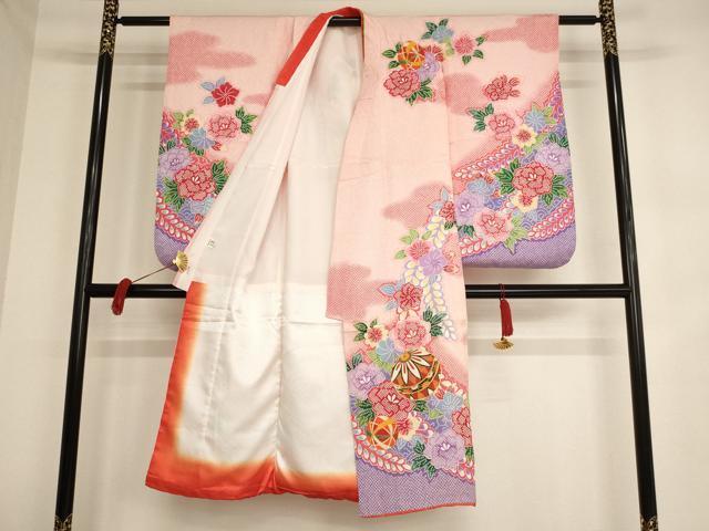 平和屋着物[]七五三　女の子　７歳　祝着　四つ身　長襦袢セット　駒刺繍　花手毬文　暈し染め　金彩　AAAW7082ja