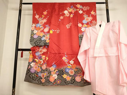 平和屋着物[]七五三　女の子　７歳　祝着　四つ身　長襦袢セット　鴛鴦花文　金彩　洗える着物　AAAW7088ja