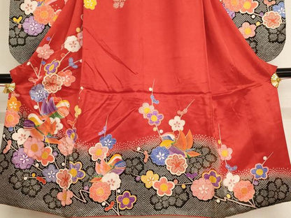 平和屋着物[]七五三　女の子　７歳　祝着　四つ身　長襦袢セット　鴛鴦花文　金彩　洗える着物　AAAW7088ja
