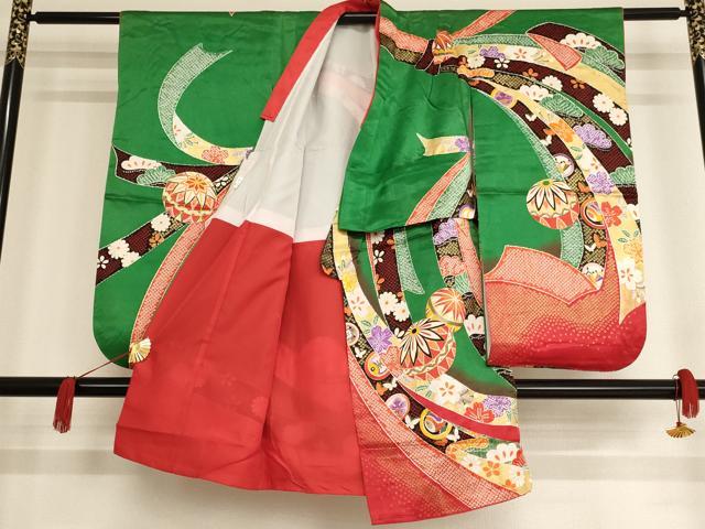 平和屋着物[]七五三　女の子　３歳　祝着　三つ身　長襦袢セット　束ね熨斗手毬文　金彩　AAAW7090ja