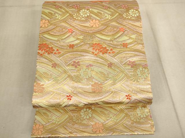 平和屋着物[]子供　全通柄袋帯　流水花文　金糸　正絹　逸品　AAAW7108ja