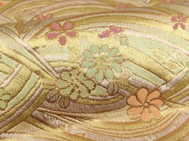 平和屋着物[]子供　全通柄袋帯　流水花文　金糸　正絹　逸品　AAAW7108ja