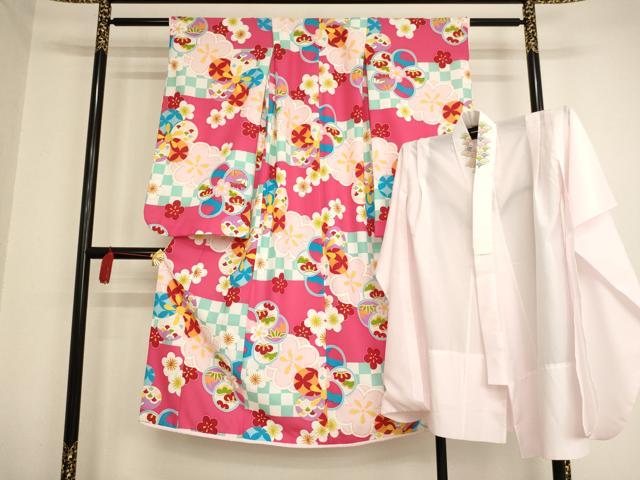 平和屋着物[]七五三　女の子　７歳　祝着　四つ身　長襦袢セット　舞花文　洗える着物　AAAW7115ja