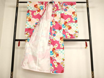 平和屋着物[]七五三　女の子　７歳　祝着　四つ身　長襦袢セット　舞花文　洗える着物　AAAW7115ja