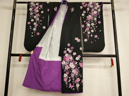 平和屋着物[]七五三　女の子　７歳　祝着　四つ身　長襦袢・袋帯セット　夜桜舞蝶文　黒地　金彩　洗える着物　AAAW7116ja