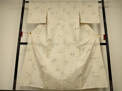 平和屋着物▽上質な小紋 単衣 紬地 草花文 正絹 逸品 AAAW7245jd