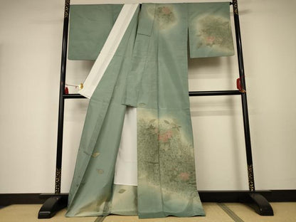 平和屋着物▽訪問着 本場染大島紬 単衣 刺繍 草花文 暈し染め 正絹 逸品 AAAW7293jd