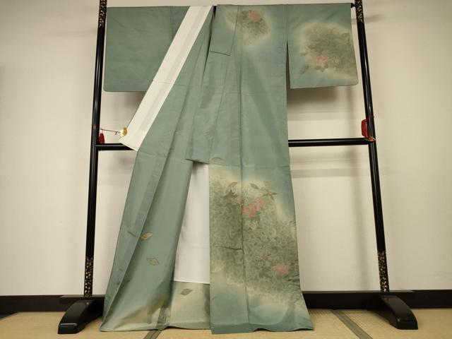 平和屋着物▽訪問着 本場染大島紬 単衣 刺繍 草花文 暈し染め 正絹 逸品 AAAW7293jd