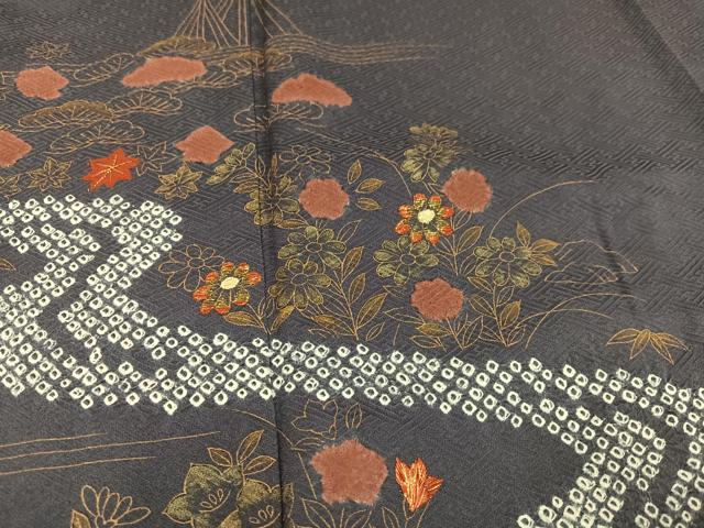 平和屋着物●訪問着 絞り 刺繍 流水草花文 金彩 正絹 逸品 AAAW7494ph