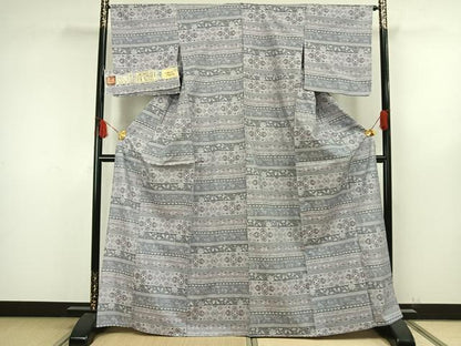平和屋着物▽平本生紬 小千谷紬 単衣 横段文 証紙付き 正絹 逸品 AAAW7562fy