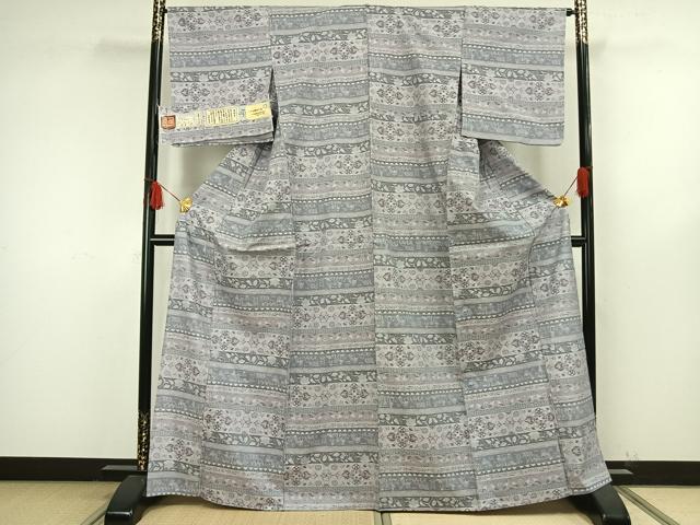 平和屋着物▽平本生紬 小千谷紬 単衣 横段文 証紙付き 正絹 逸品 AAAW7562fy