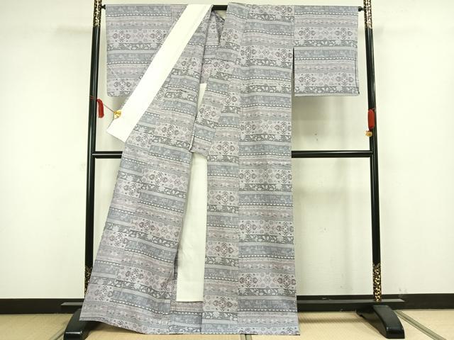 平和屋着物▽平本生紬 小千谷紬 単衣 横段文 証紙付き 正絹 逸品 AAAW7562fy