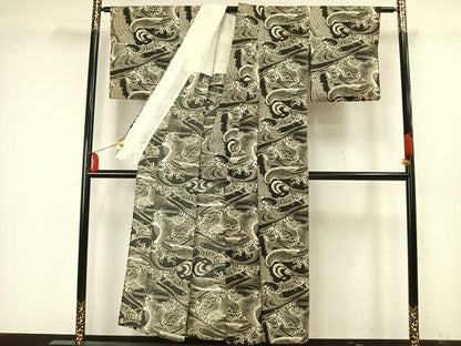 平和屋着物▽上質な小紋 単衣 鯉 立波文 黒地 正絹 逸品 AAAW7568fy