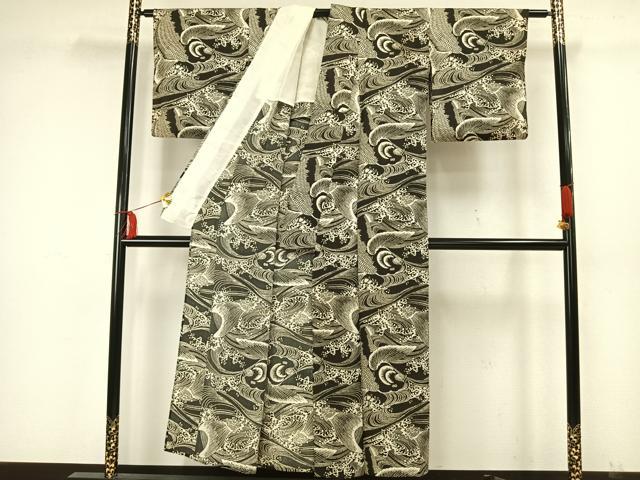 平和屋着物▽上質な小紋 単衣 鯉 立波文 黒地 正絹 逸品 AAAW7568fy