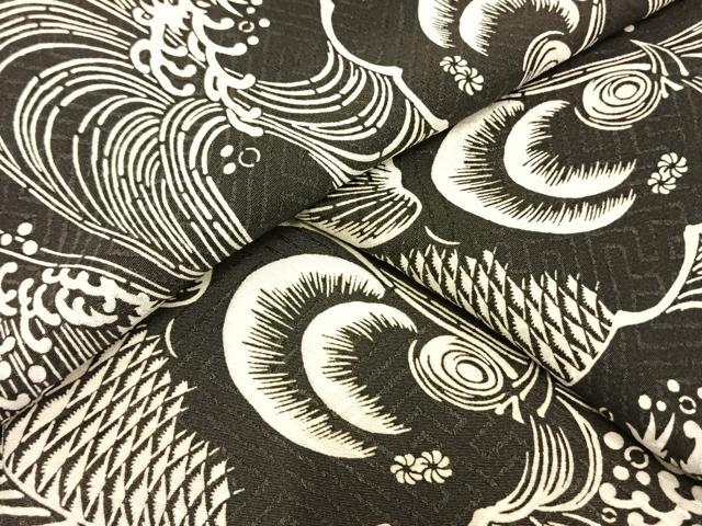 平和屋着物▽上質な小紋 単衣 鯉 立波文 黒地 正絹 逸品 AAAW7568fy