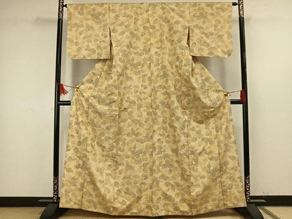 平和屋着物▽上質な紬　単衣　葉尽くし　正絹　逸品　AAAW7572fy