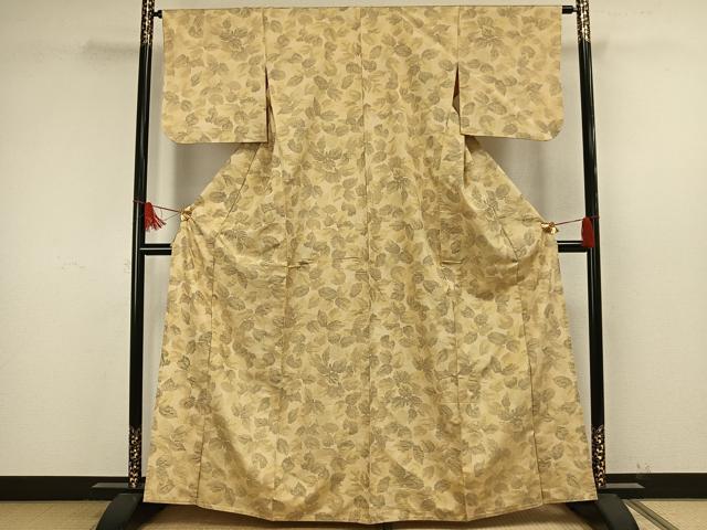 平和屋着物▽上質な紬　単衣　葉尽くし　正絹　逸品　AAAW7572fy