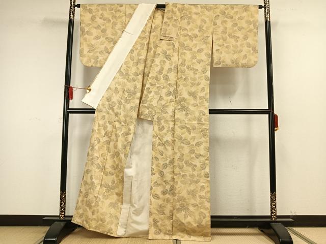 平和屋着物▽上質な紬　単衣　葉尽くし　正絹　逸品　AAAW7572fy