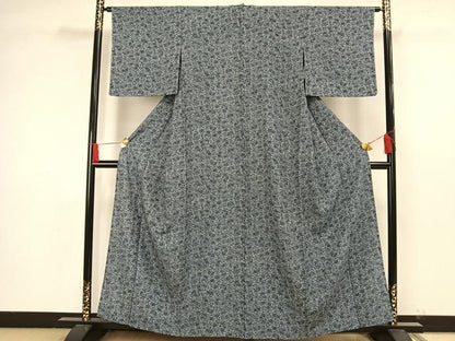 平和屋着物▽上質な小紋　単衣　藍　型染め　草花文　鬼しぼ縮緬　正絹　逸品　AAAW7575fy
