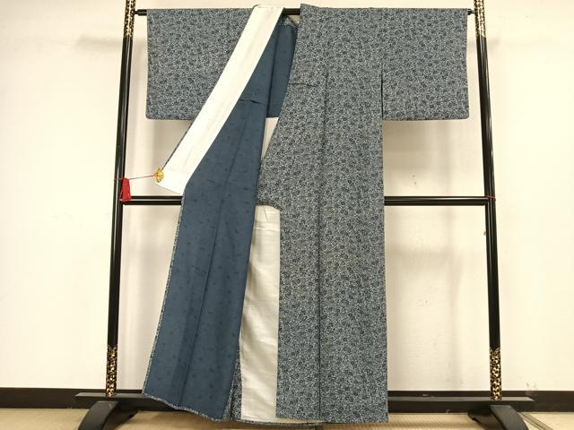 平和屋着物▽上質な小紋　単衣　藍　型染め　草花文　鬼しぼ縮緬　正絹　逸品　AAAW7575fy