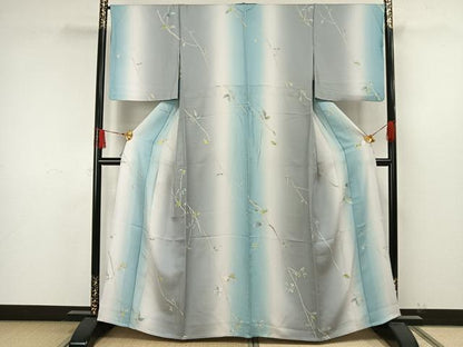 平和屋着物▽上質な小紋 単衣 手描き 枝花文 暈し染め 正絹 逸品 AAAW7583fy