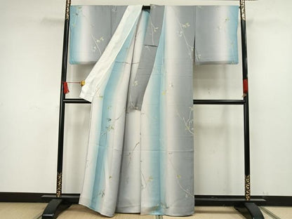 平和屋着物▽上質な小紋 単衣 手描き 枝花文 暈し染め 正絹 逸品 AAAW7583fy