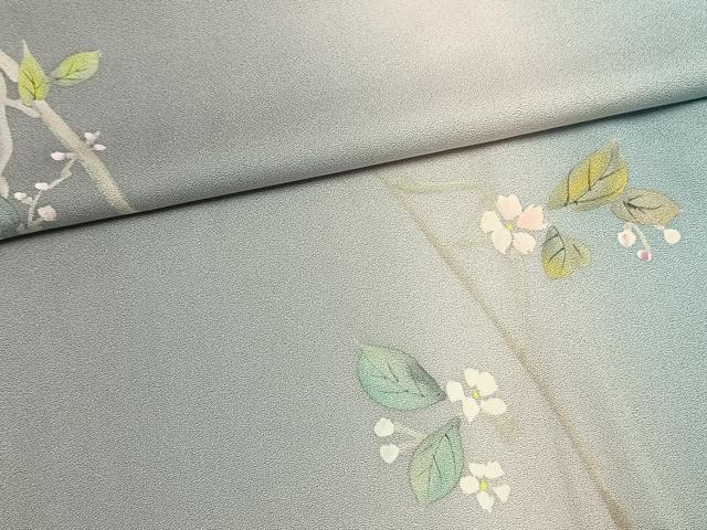 平和屋着物▽上質な小紋 単衣 手描き 枝花文 暈し染め 正絹 逸品 AAAW7583fy