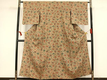 平和屋着物▽上質な小紋　単衣　紬地　花唐草文　正絹　逸品　AAAW7592fy