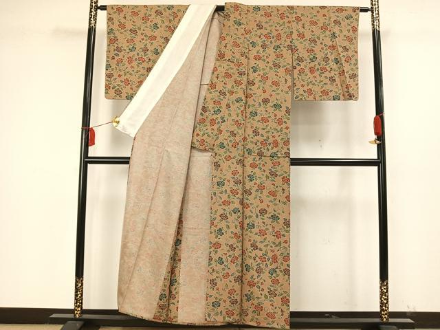 平和屋着物▽上質な小紋　単衣　紬地　花唐草文　正絹　逸品　AAAW7592fy