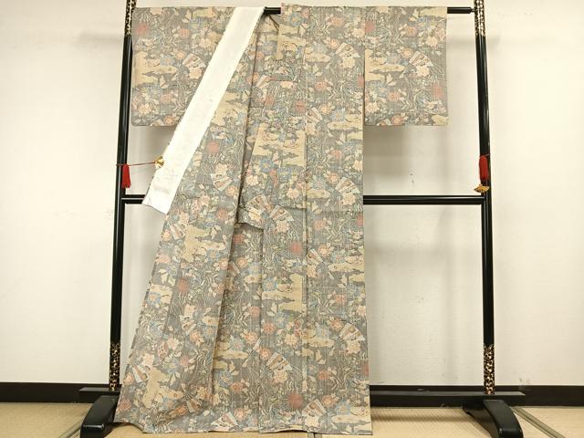 平和屋着物▽草昧紬 小千谷紬 単衣 扇面花文 証紙付き 正絹 逸品 AAAW7610fy