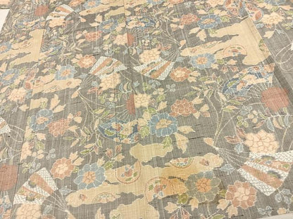 平和屋着物▽草昧紬 小千谷紬 単衣 扇面花文 証紙付き 正絹 逸品 AAAW7610fy