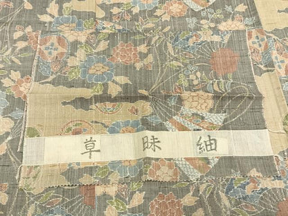 平和屋着物▽草昧紬 小千谷紬 単衣 扇面花文 証紙付き 正絹 逸品 AAAW7610fy
