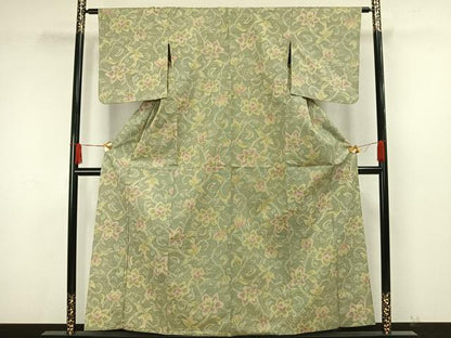 平和屋着物▽上質な紬 単衣 草花文 正絹 逸品 AAAW7614fy