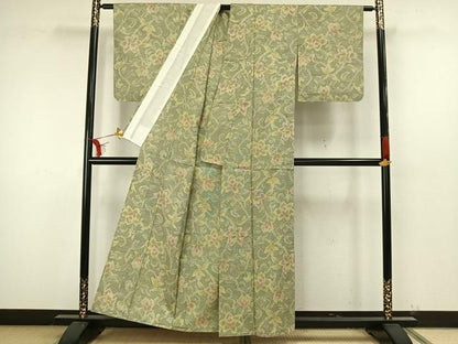 平和屋着物▽上質な紬 単衣 草花文 正絹 逸品 AAAW7614fy
