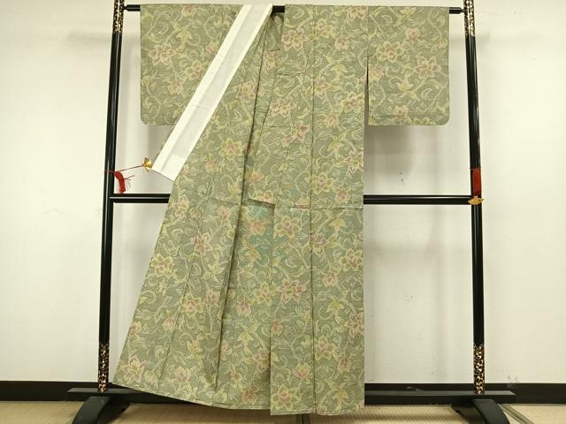 平和屋着物▽上質な紬 単衣 草花文 正絹 逸品 AAAW7614fy