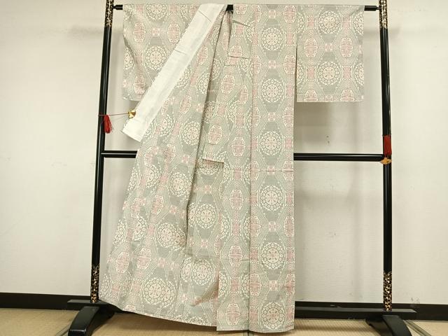 平和屋着物▽上質な紬 単衣 幾何学文様 正絹 逸品 未使用 AAAW7615fy