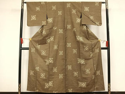 平和屋着物▽上質な紬 単衣 色紙花文 正絹 逸品 AAAW7619fy