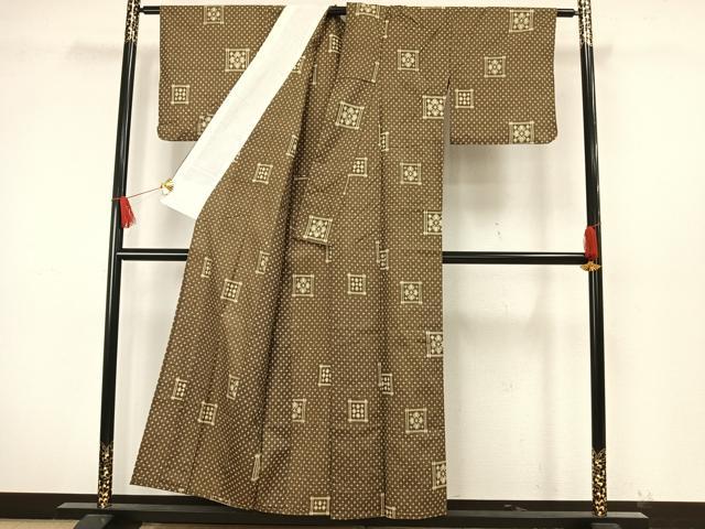 平和屋着物▽上質な紬 単衣 色紙花文 正絹 逸品 AAAW7619fy