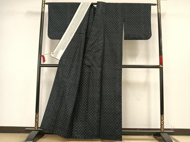 平和屋着物▽上質な紬 単衣 十字絣 黒地 正絹 逸品 AAAW7629fy